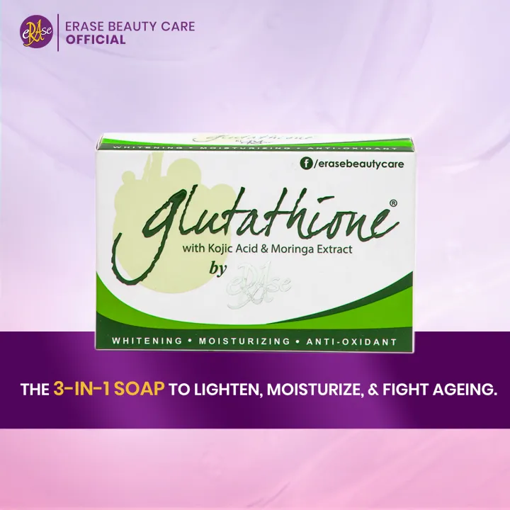 Glutathione by Erase Soap (Kojic & Moringa) | 3-in-1 Whitening, Anti-Aging  & Moisturizing | Fades Dark Spots | THE 3-IN-1 SOAP TO LIGHTEN, MOISTURIZE,  & FIGHT AGEING