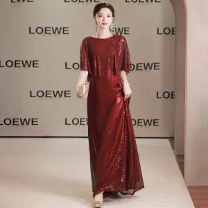 2025 Elegant Female Red Chorus Performance Long Dress Noble Temperament Banquet Formal Event Evening Dress Bling Sequins Glitter Mother Of Bride Wedding Ball Gown For Adult