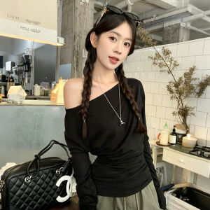 Korean Style Asymmetrical Off Shoulder Long Sleeve T-shirt Top Summer Diagonal Neck Slim Tee
