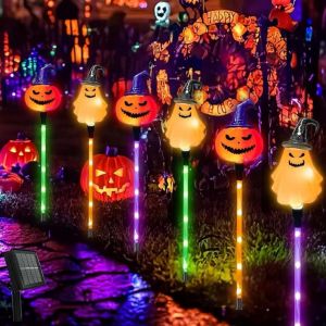 6PC/Set Halloween Outdoor Solar Purple Orange Green LED Garden Lights Waterproof Lawn Yard Path Pumpkin Ghost Skull Decorations