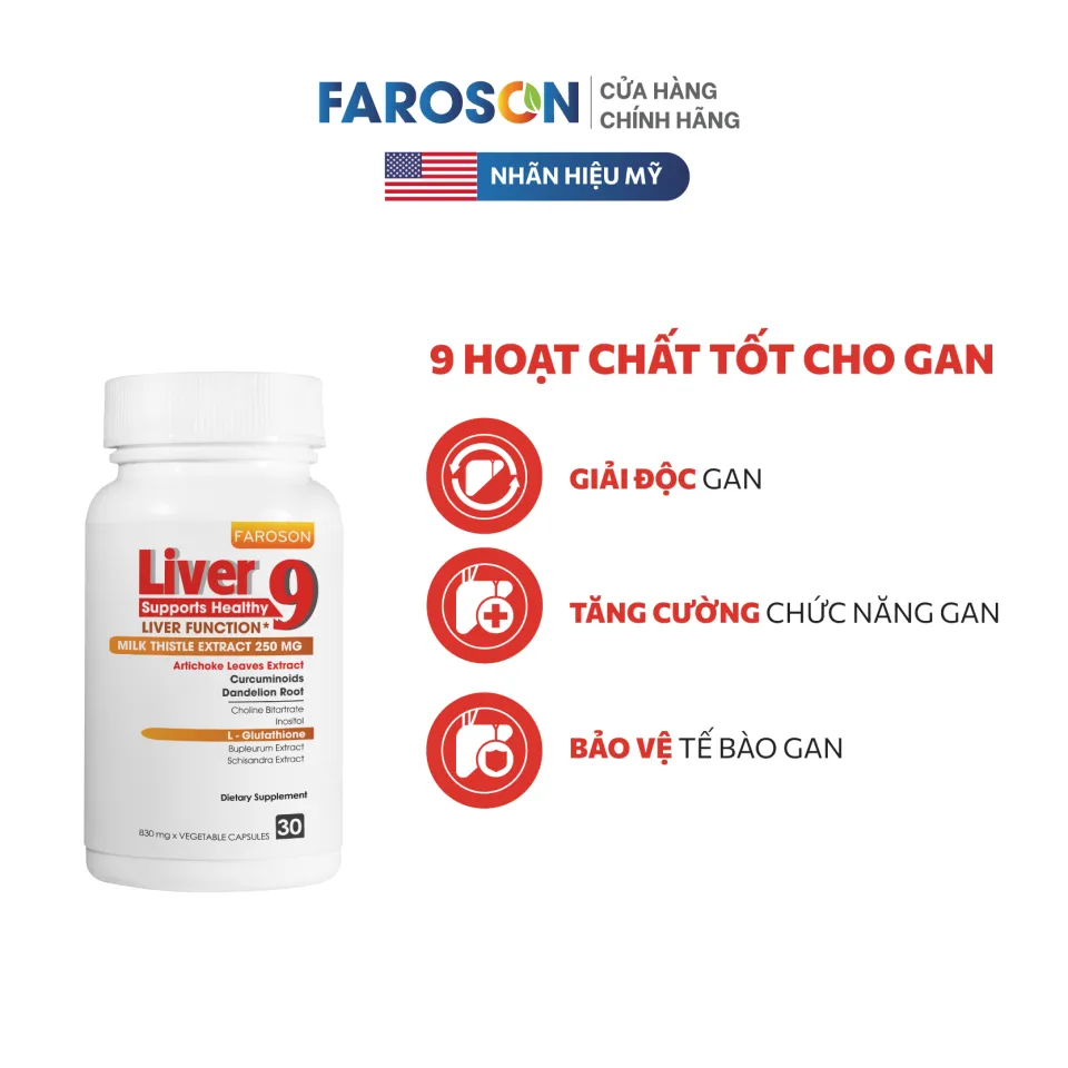 glutathione bổ gan Viên uống bổ gan giải độc gan Faroson Liver 9 - hỗ trợ chức năng gan, viêm  gan virus Chiết xuất atiso, kế sữa, l-glutathione Liver9