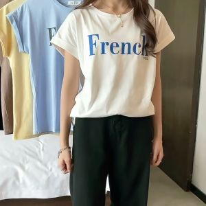 elegantstunning Women T-shirt Letter Printing Round Collar Short-sleeved Drop-shoulder Shirt Loose Student Pullover Top
