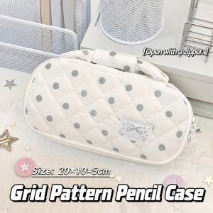 FEELDG Trắng-Xám Hộp đựng bút chì Chần bông Họa tiết chấm bi Túi đựng mỹ phẩm Đa năng Dung tích lớn Túi đựng bút Quà tặng