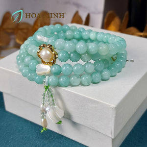 Vòng tay chuỗi 108 hạt đá Mã Não màu xanh ngọc size 6 li phối viên ngọc trai charm ốp hoa cỏ 4 lá đá xà cừ thanh lịch không kén mệnh | Hoa Minh Gem