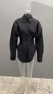 DEAT Fashion Womens Waist Multiple Drawstrings Shirt Lapel Loose Single Breasted Long Sleeves Black Blouse Autumn 2026 New2026