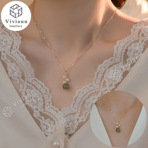 Viviann Original Vintage Green Hetian Jade Pendant Gold Plated Pearl Choker Chain Necklace Sapphire Choker Jewelry Pendant for Women Girl Gift