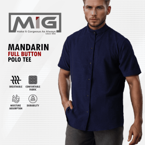 MIG Cotton Linen Mandarin Collar Full Button Short Sleeve Polo T Shirt
