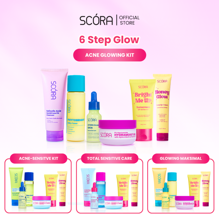 6-Step Bundle: Scora Cleanser 100ml + Scora Toner Series 80 ml + Scora Serum Series 20ml + Scora Moisturizer series + Scora Bright Me Up Sunscreen 40gr + Scora Honey Glow Tone Up Cream 30 ml