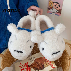 XIXITIAO White Bag Heel Fleece-lined Thermal Furry Shoes Womens Winter Home Indoor Drooping Feeling Cotton Slippers Crayon Xiaoxin