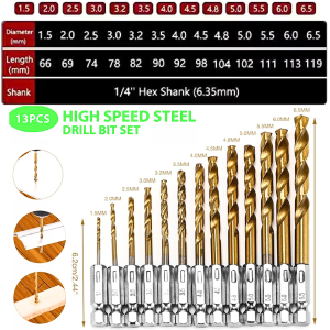 BERGARANSI Taffware Mata Bor set lengkap besi 13 pcs Power Drill Steel Titanium Hex Shank SV VDB13