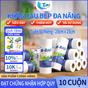 Combo10 Cuộn - Khăn Lau Bếp Đa Năng Timi M-Rags Siêu Thấm Hút Tái Sử Dụng (50 Miếng/Cuộn) - Made In Vietnam