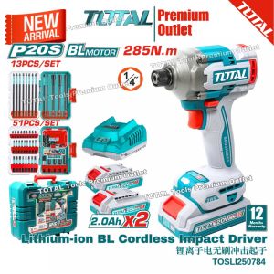 TOTAL Tools 20V series 285Nm Brushless motor Cordless Impact driver & 64pcs power bits set - TOSLI250784