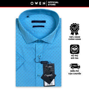 OWEN SALE - Áo Sơ Mi Owen Tay Ngắn Màu Xanh Ngọc Họa Tiết Hoa Văn Form Regular Fit Lai Ngang Chính Hãng