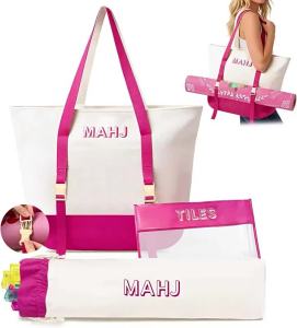 Canvas Three-Piece Letter Mahjong Bag Large Capacity Portable Daily Wear-Resistant Makeup Storage Bag