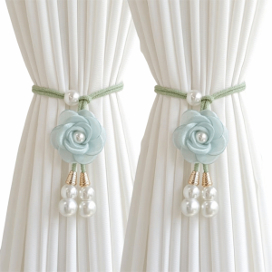XUANY 2Pcs Modern Floral Curtain Tiebacks Pearl Minimalist Curtain Ties Exquisite 3D Flower Camellia Curtain Tiebacks Sheer Curtains