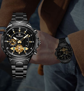 Forsining นาฬิกากลไกอัตโนมัติของผู้ชายนาฬิกากลไกสองหน้าปัดแนวสปอร์ตธุรกิจสเตนเลสสตีลลายฉลุ