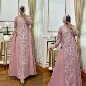 Gamis Wanita Set Outer Brokat Wilona Dres Ceruty Babydoll Mix Tile Akar M L XL XXL 3XL OUTER TERPISAH Dress Panjang Jumbo Ootd Kondangan Mewah Elegan Remaja Hijab