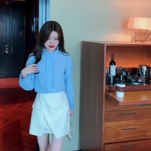 Ammin 2024 Mùa Xuân Xù Jacquard Cotton Áo Có Tay Dài Cho Phụ Nữ thời trang phong cách Hàn Quốc Khí Chất Bằng Gỗ Tai Thời Trang Tất Cả Các Trận Đấu áo ren