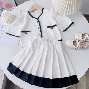 34Bear Leader 2024 New Summer Baby Girls Clothes Sets Short Sleeves Pocket Top  Pleated Skirts 2 Pieces School Style Suits Ternos Kids Childrens Elegent Clothing Outfits
