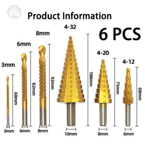 6-piece set High-Speed Steel Step Drill Bit Titanium Coating Steel Spiral Hexagonal Round Shank Metal Tapered Hole