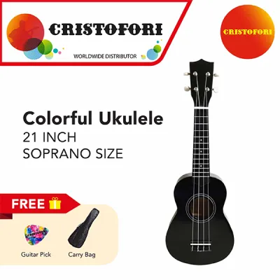 Colorful Ukulele (Color: Black) (Size: Soprano 21 inch) With Matching Color Carry Bag