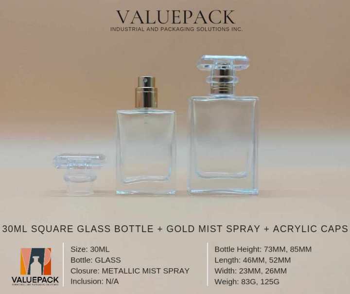 30ml/50ml Square Perfume Glass Bottle Gold Mist Spray Acrylic