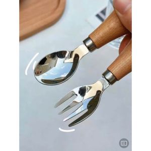 Bộ muỗng nĩa inox cán gỗ kèm hộp đựng – thìa dĩa cho bé ăn dặm tập ăn mang đi học du lịch