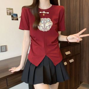 2024 Summer Womens Fashion Trend Retro Slim Fit Print Chinese Irregular Slimming Casual and Versatile Round Neck Short Sleeve T-shirt