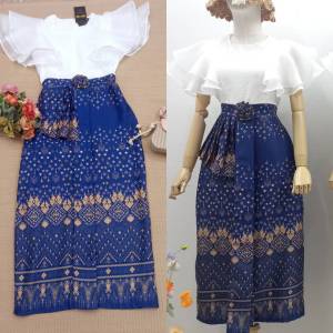 P100 ชุดเดรสไทยประยุกต์ ชุดลูกไม้ลายไทย คอระบาย แขนยกระบายสวยๆ ชุดเดรสลายไทย ชุดเดรสลูกไม้ ชุดใส่ทำบุญ