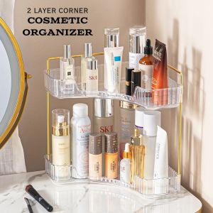 Elegant 2-Tier Clear Plastic Corner Cosmetic Organizer with Metal Frame