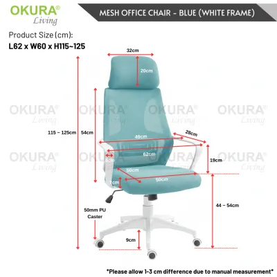 OKURA Ergonomic High Back Mesh Office Chair with Neckrest Minimalist Kerusi Pejabat Kerusi Roda