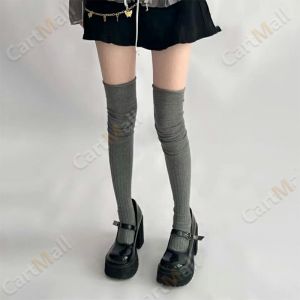 Women Thick Cotton Long Girls Long Tube School Socks Black/White/Gray Lolita JK Style Knit Stockings 1Pair