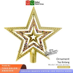 top bintang pohon natal gliter / dekorasi bintang pohon natal gliter gold / ornament bintang atas pohon natal gliter merah / hiasan natal merry Christmas star bintang gliter