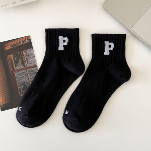 FSKS130 Kaos Kaki Pria Wanita Panjang Setinggi Betis Huruf P New Fashion Style