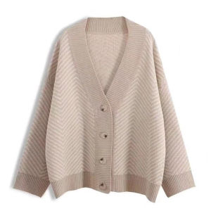 Sweaters Rajutan Wanita Lengan Panjang V-neck Longgar Atas Mantel Cardigan Bergaris
