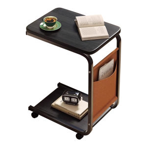 C Shaped Mobile Side Table Rolling Sofa End Table with Storage Pocket Double Storage Shelf Wooden Snack Side Table for Bed Couch Living Room Bedroom Small Space