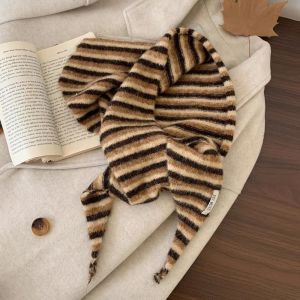 DJDK Soft Knitted Triangle Scarf Faux Wool Warm Striped Headscarf Chic 2 in 1 Warm Neck Scarf Winter