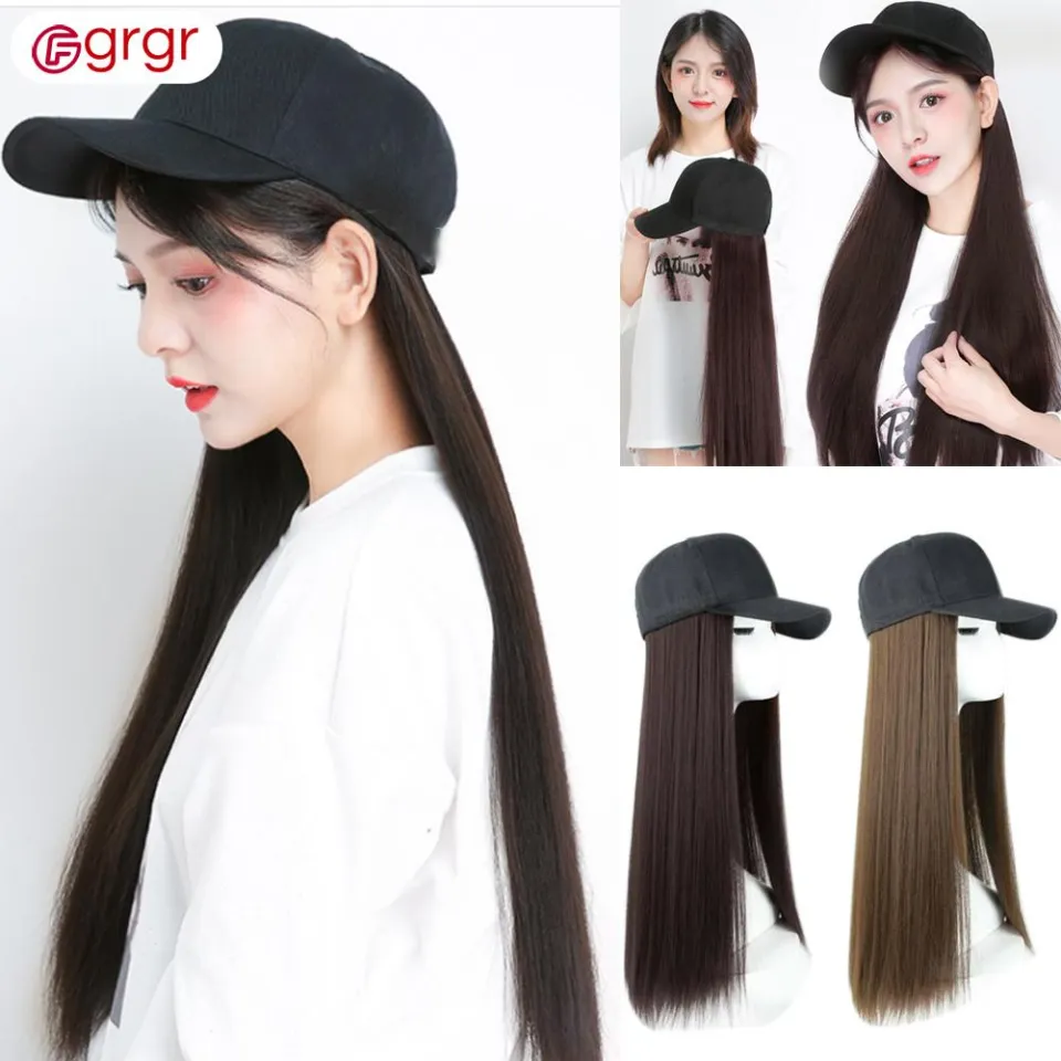 Fgrgr Baseball Cap with Synthetic Hair Extension Long Hair Wig Hat for  Women Light Brown+A2