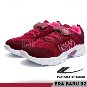 Sepatu Sekolah Anak Perempuan Usia 4 5 6 7 8 9 Tahun Pink Perekat Sneakers Kets Olahraga PAUD TK SD Tanpa Tali Perekat New Era Era Baru
