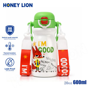 HoneyLion - 3-in-1 Drinking Modes Kids Thermos 600ML 316L Medical Grade Stainless Steel Leak-proof Flask with Handle & Strap for School Office Students Large Capacity Mug