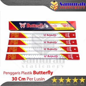 Penggaris Plastik Buterfly 30 cm Per Lusin / Mika Glass Ruller ButterFly / Alat ukur panjang 30 centimeter 1 Pak