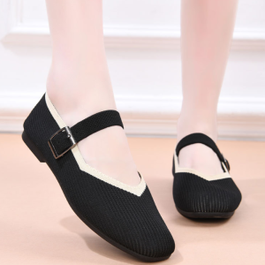 Womens Square Toe Flat Shoes Classic Japanese Woven Shoes Large Size Non-slip Soft Sole CasualShoes