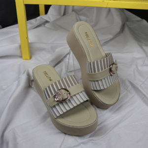 Yellow Caca - Sandal Wanita Wedges Variasi Gesper Webbing Rajut Busa Empuk Elegant Kekinian Hak 7cm Ready Size 37 - 40 - CA 02