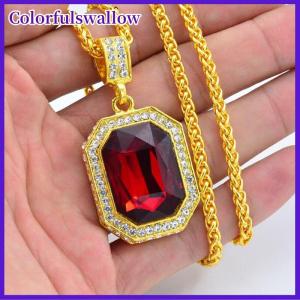 Colorfulswallow Khảm kim cương Vuông Ruby Vòng cổ hip hop mặt dây chuyền nam mặt dây chuyền đá đỏ mặt dây chuyền trang sức cổ điển phụ kiện trang phục