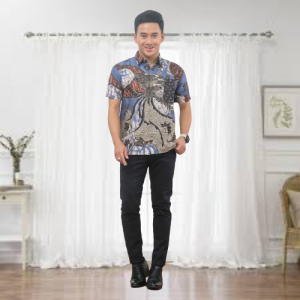 Setelan Baju Batik Couple Pria Wanita Lengan Panjang Motif Burung Cendrawasih Biru Teracotta