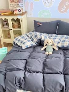 Cartoon Rabbit Towel Embroidered Bedding Set for Boys Simple Gray Washed Cotton Duvet Cover Bed Sheet Dormitory Three-Piece Set LZD