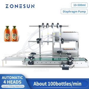 ZONESUN ZS-DTDP4G Electric Liquid Filling Machine Automatic 4 Heads Diaphragm Pump Juice Cosmetic Bottle Water Filler with Conveyor