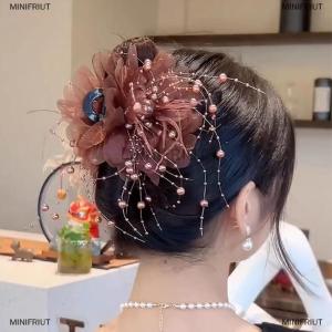 [COD] MINIFRIUT Fashion Mesh Flower Hair Claw Women Shark Ponytail Clip Headdress Temperament Tassels Headwear
