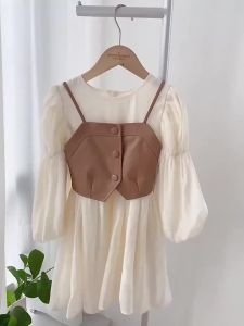 Spring Autumn Baby Suits Girl Vest + Long Sleeve Dresses 2piece Kids Cute Princess Dress Children Chiffon Vestido 2 To10T2026