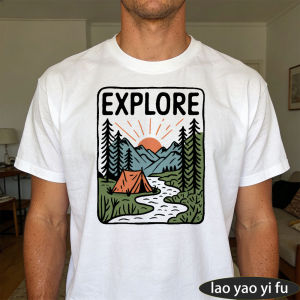 [Local Stock] HBESTY  Explore Forest River Tent Compass Graphic T Shirt Men Tee Vintage Hiking Badge Print Top Summer Outdoor Camping Clothes